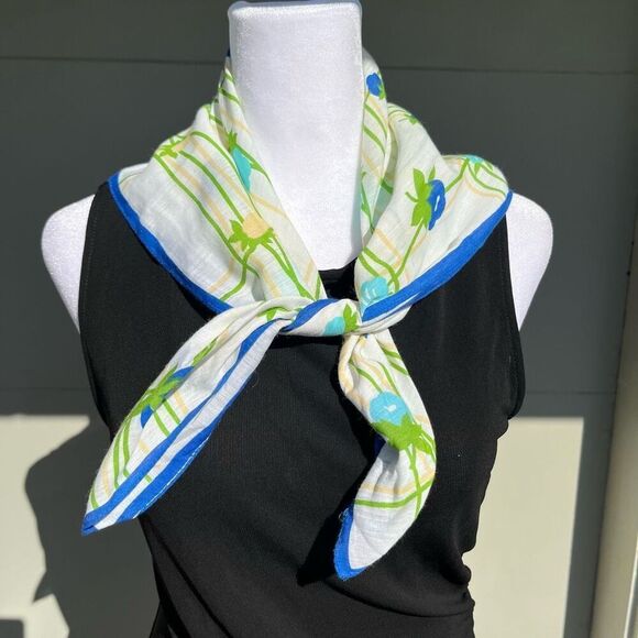 Vintage Blue & Green Floral Grid Print Scarf 25"x25" Square Lightweight - Picture 5 of 7